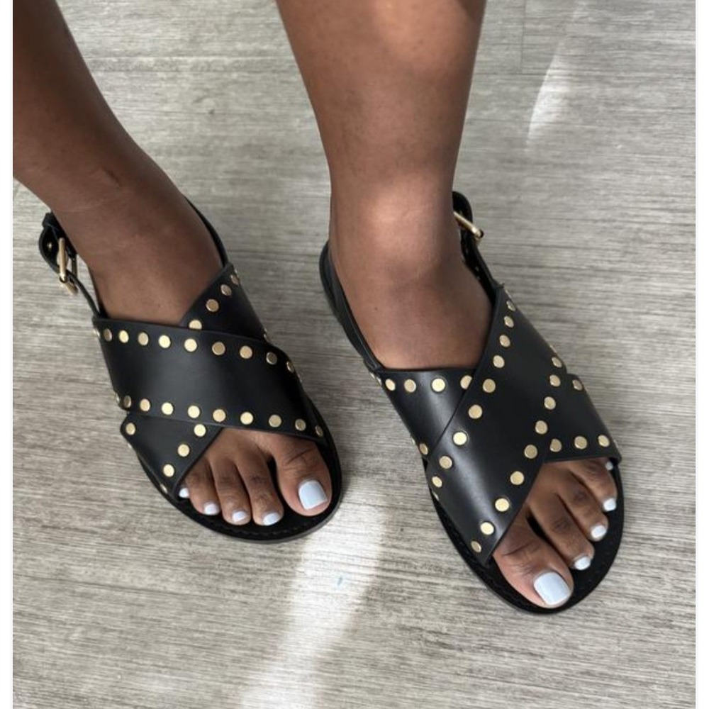 Madewell Tuley Crossover Studded Sandal Black Gold Leather NU910 Size 9